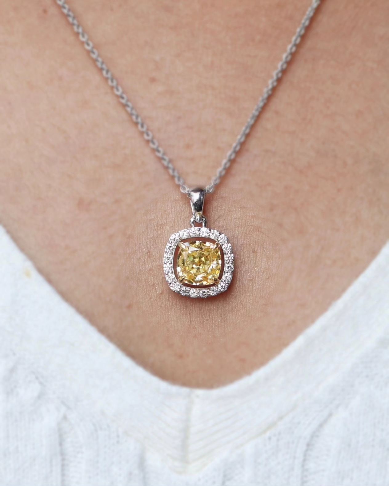 Cushion Yellow Moissanite Halo Pendant Necklace Valentine’s Day Gift for Her