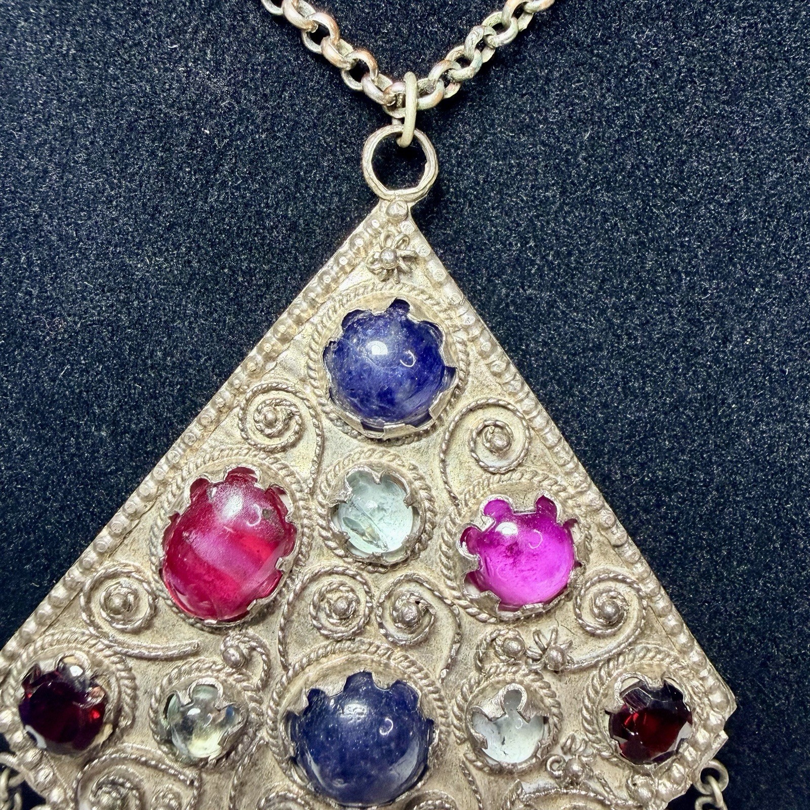 Vintage Kuchi Tribal Pendant Intricate Metalwork Adorned Colored Cabochons