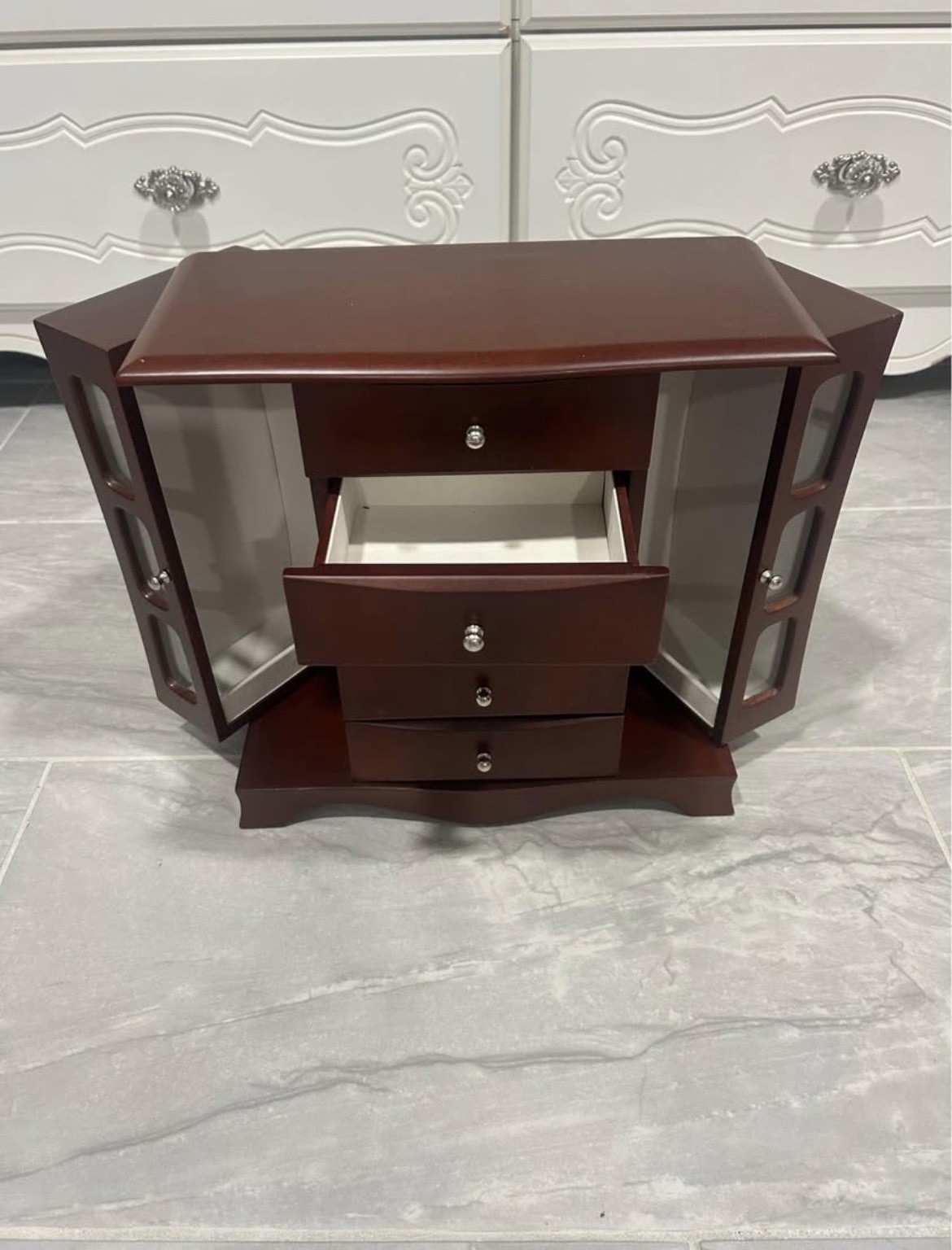 Brown Wood & Glass Vintage Jewelry Box