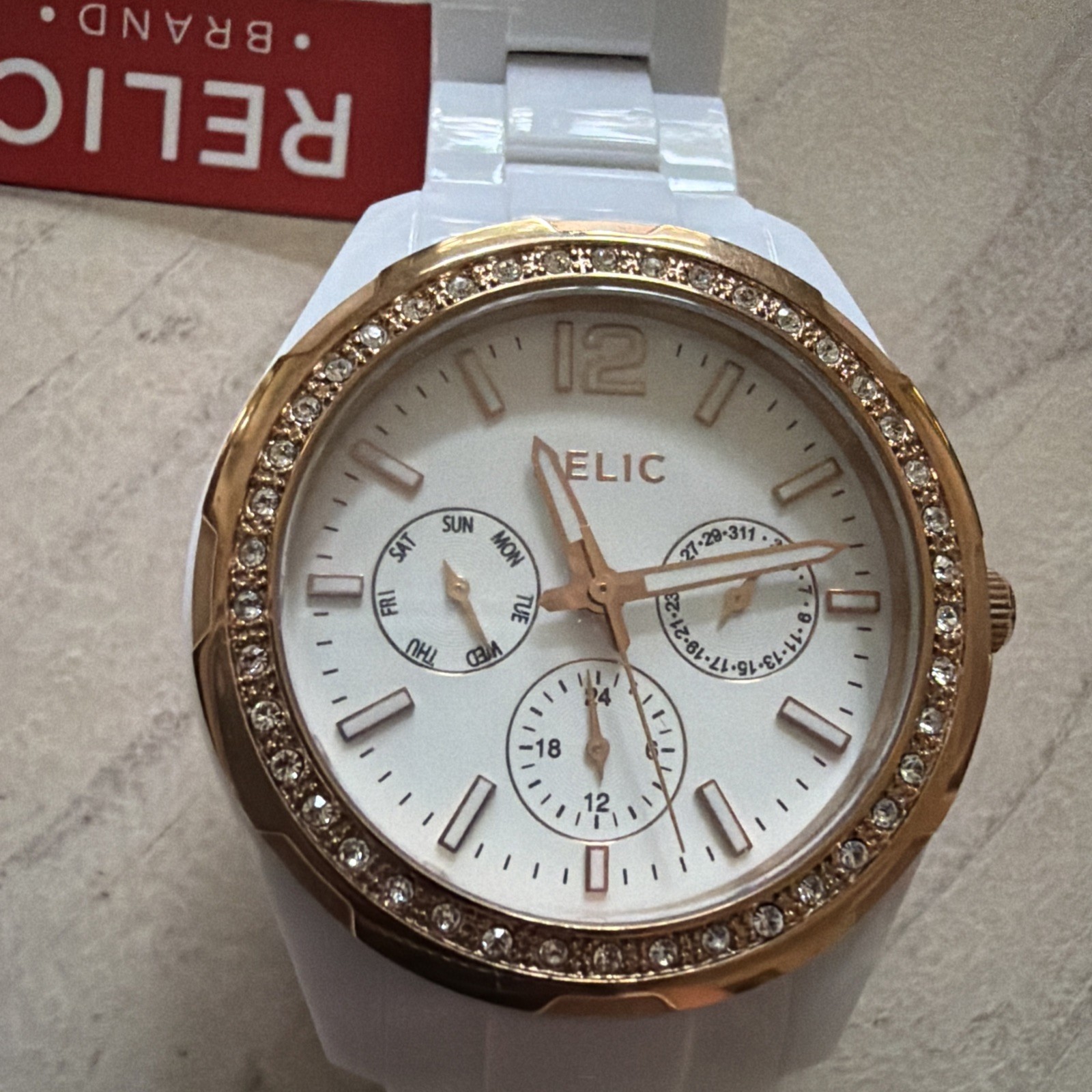 Relic Women’s Analog Wrist Watch White Resin Band, Jewel Accent NWT Not Tested
