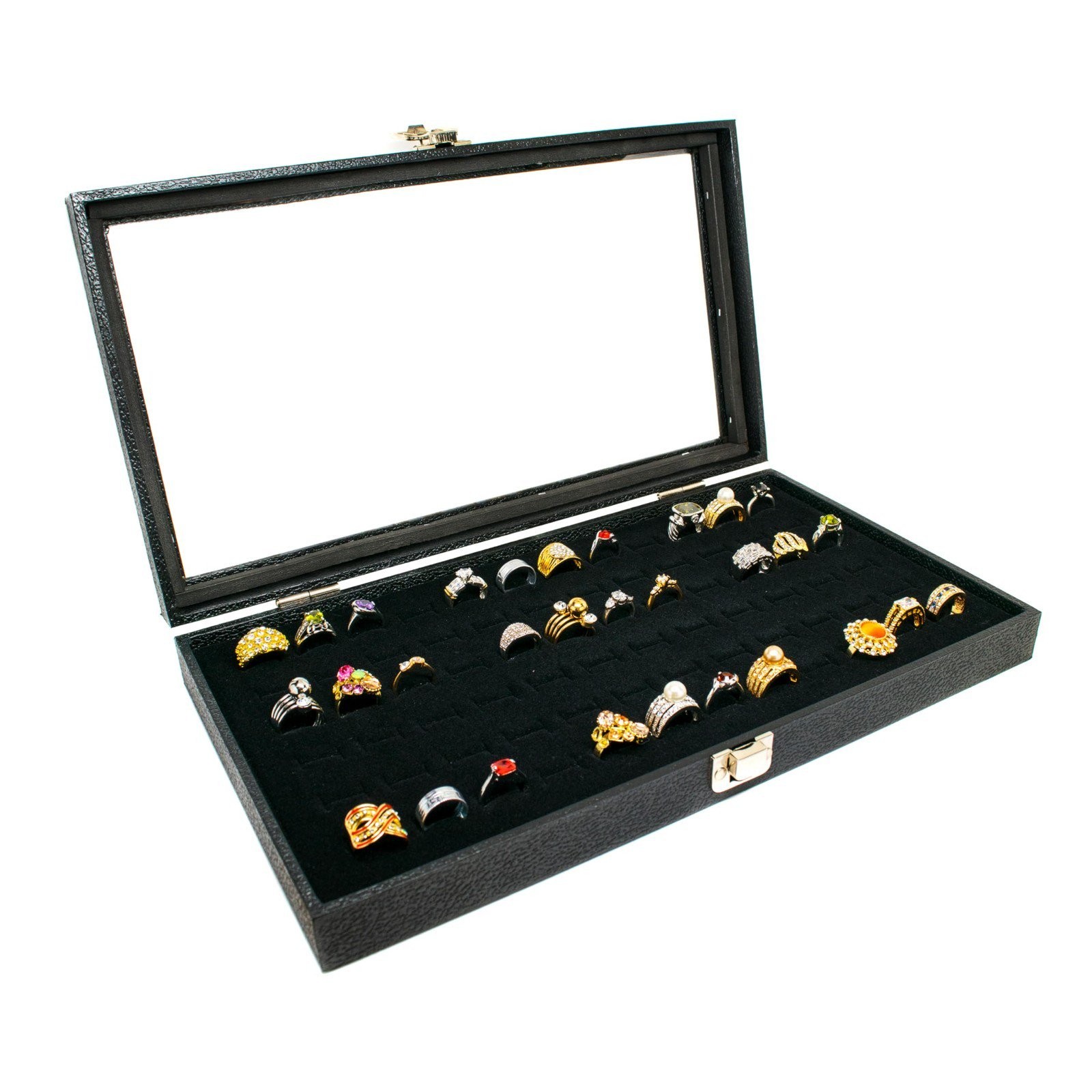 Novel Box Glass Top Black Jewelry Display Case With 36 or 72 Foam Ring Inserts