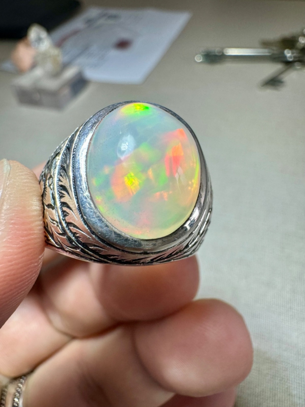 6.90 carats Natural Ethiopian White Opal Handmade Size 11.5 Silver Ring for Male