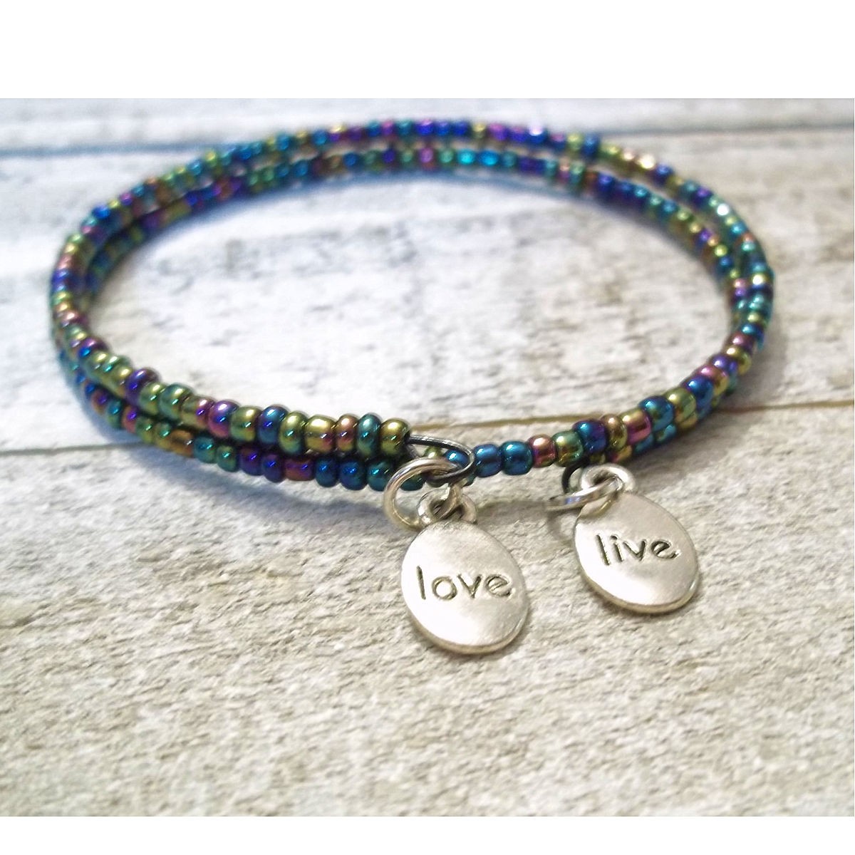 Live Love Charm Bracelet Silver Memory Wire Tiny Glass Seed Bead Name Plate Gift
