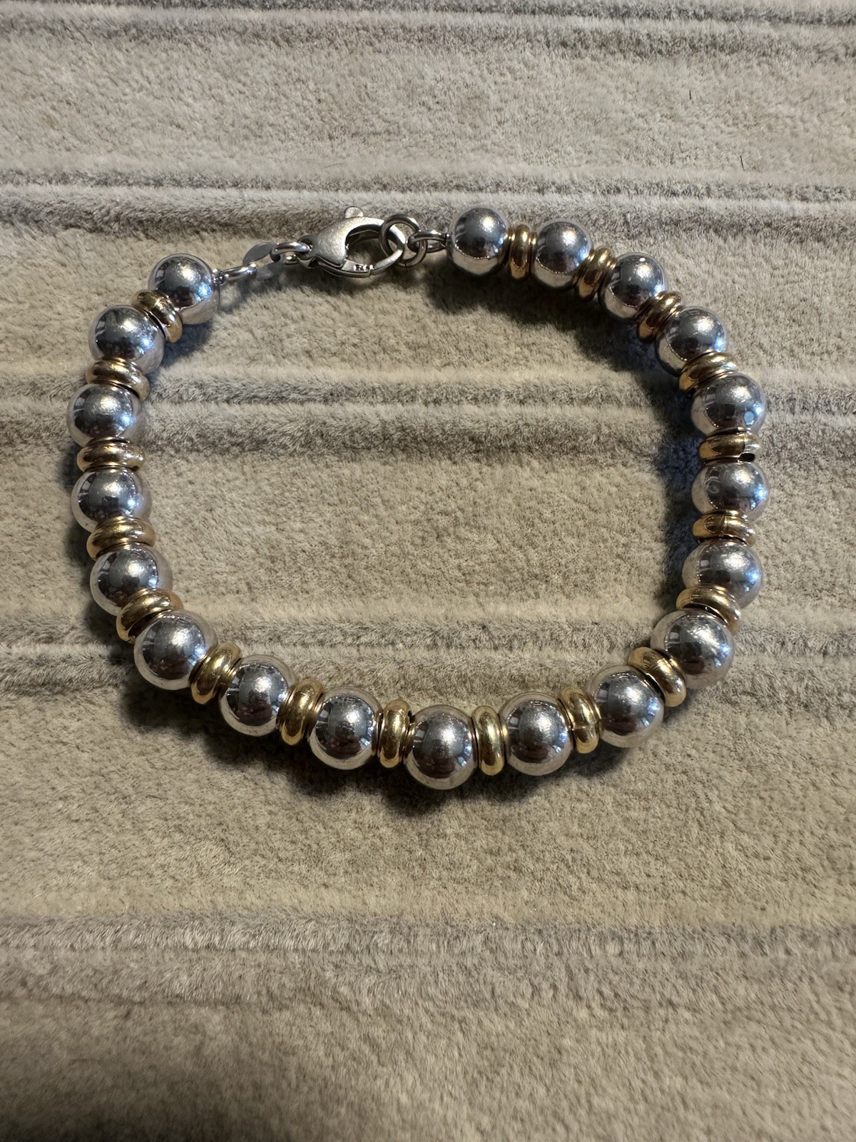 Vtg Italy Signed 925 Sterling Silver 2-toned Ball Bead & Spacer Bracelet 8”