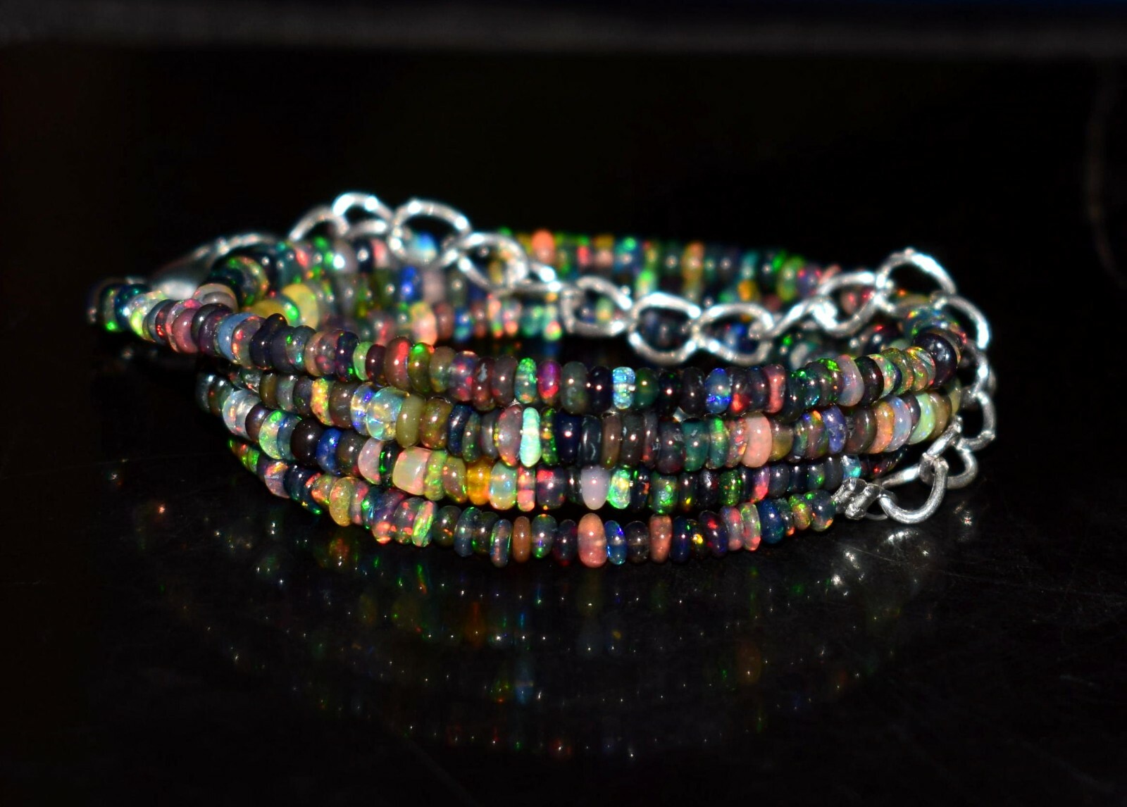 16″Natural Ethiopian Black Opal Wello Fire Opal Gemstone Bead Necklace F0779