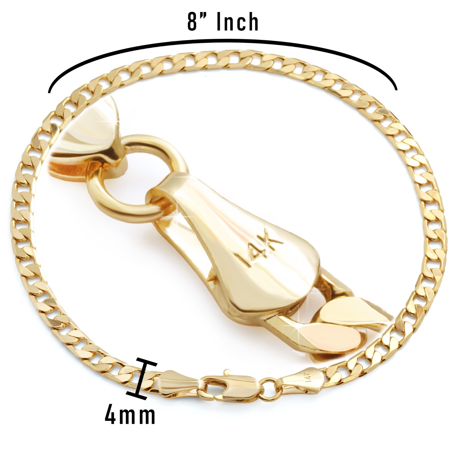 Flat Cuban Link Chain Bracelet 4mm – 8″In | 14K Gold Plated Hip Hop Men Fashion