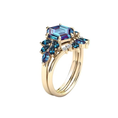 2Pcs Hexagon Cut 925 Silver Cluster Engagement Ring Set for Women (Alexandrite)