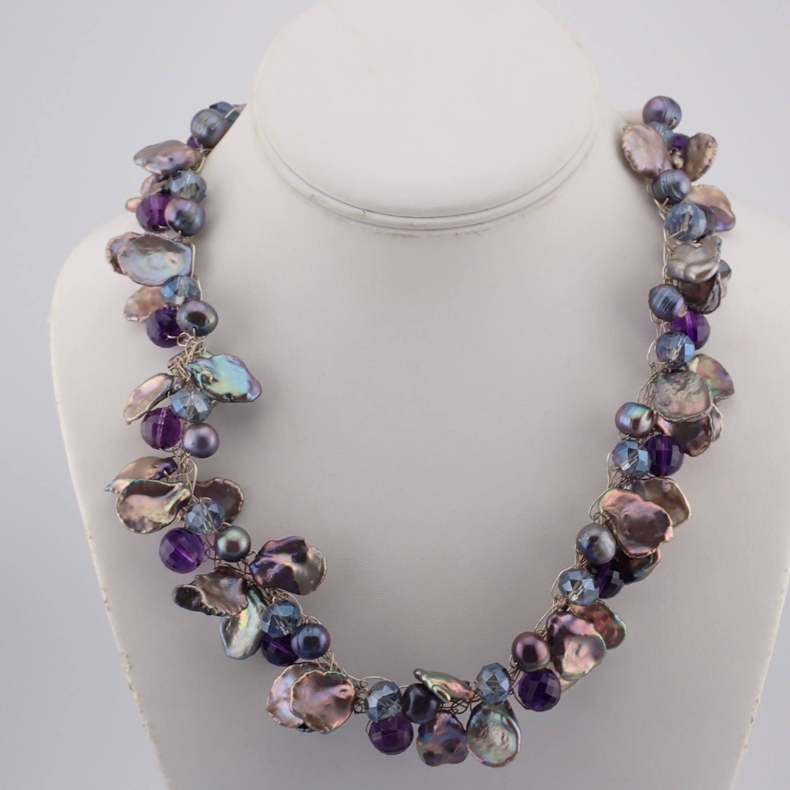 VTG Sterling Freshwater Shades of Blue Gray Cultured Pearl Amethyst 20″ Necklace