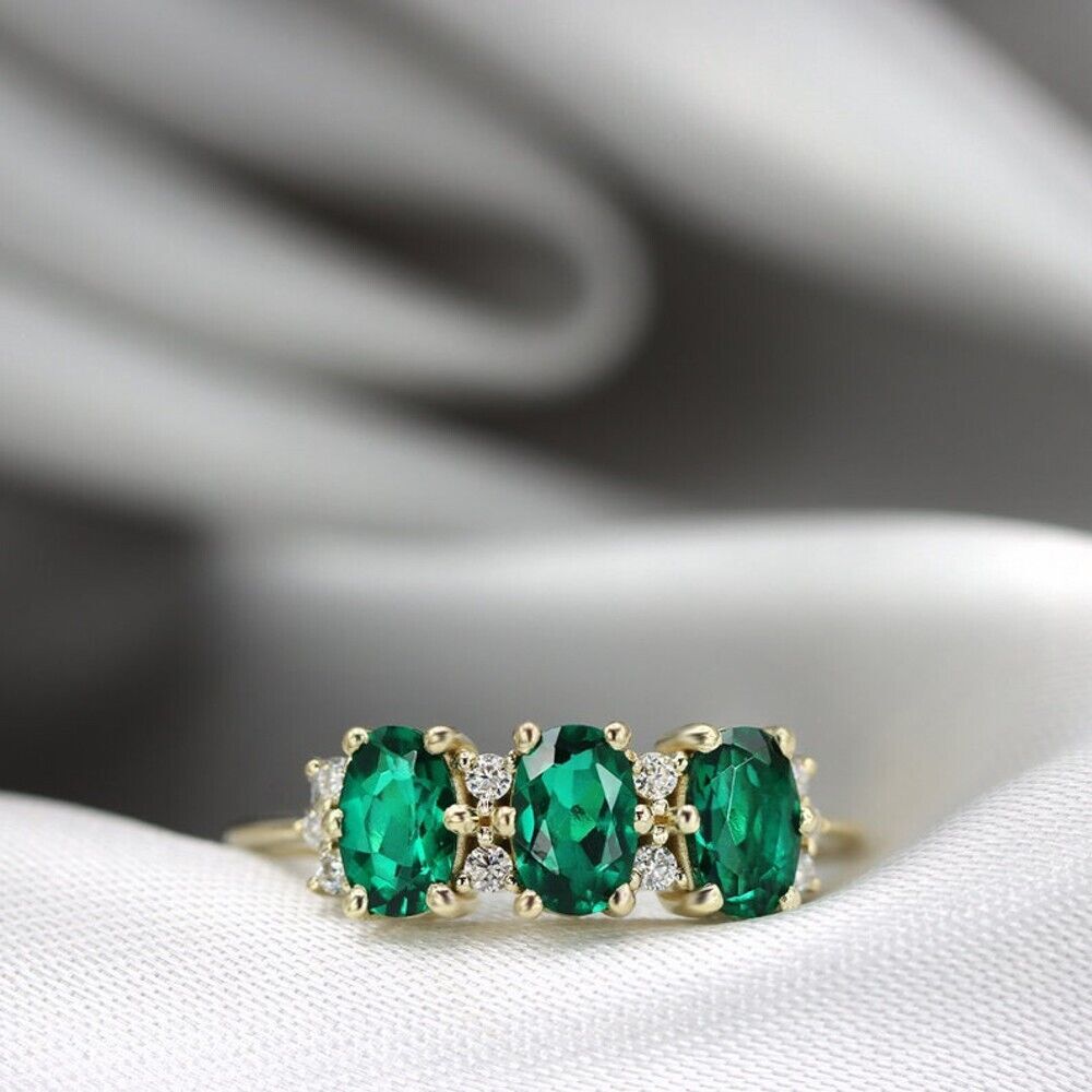Green Emerald Wedding Ring 14K Yellow Gold Certified 1.35 Ct Lab Created Diamond