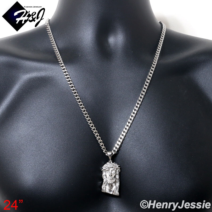 18″-40″MEN Stainless Steel 5mm Silver Cuban Curb Chain CZ Jesus Face Pendant*133