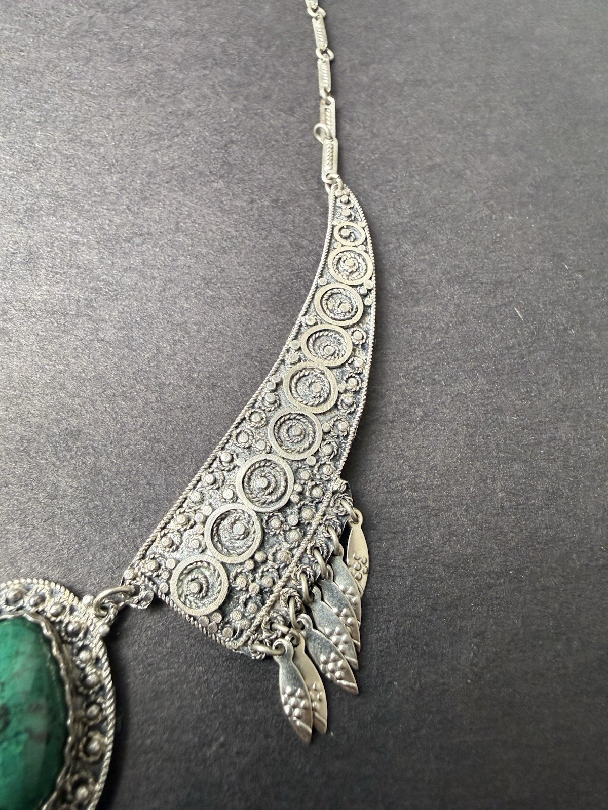 Vintage Israeli 925 Sterling Silver Eilat Stone Filigree Bib Necklace Yemenite