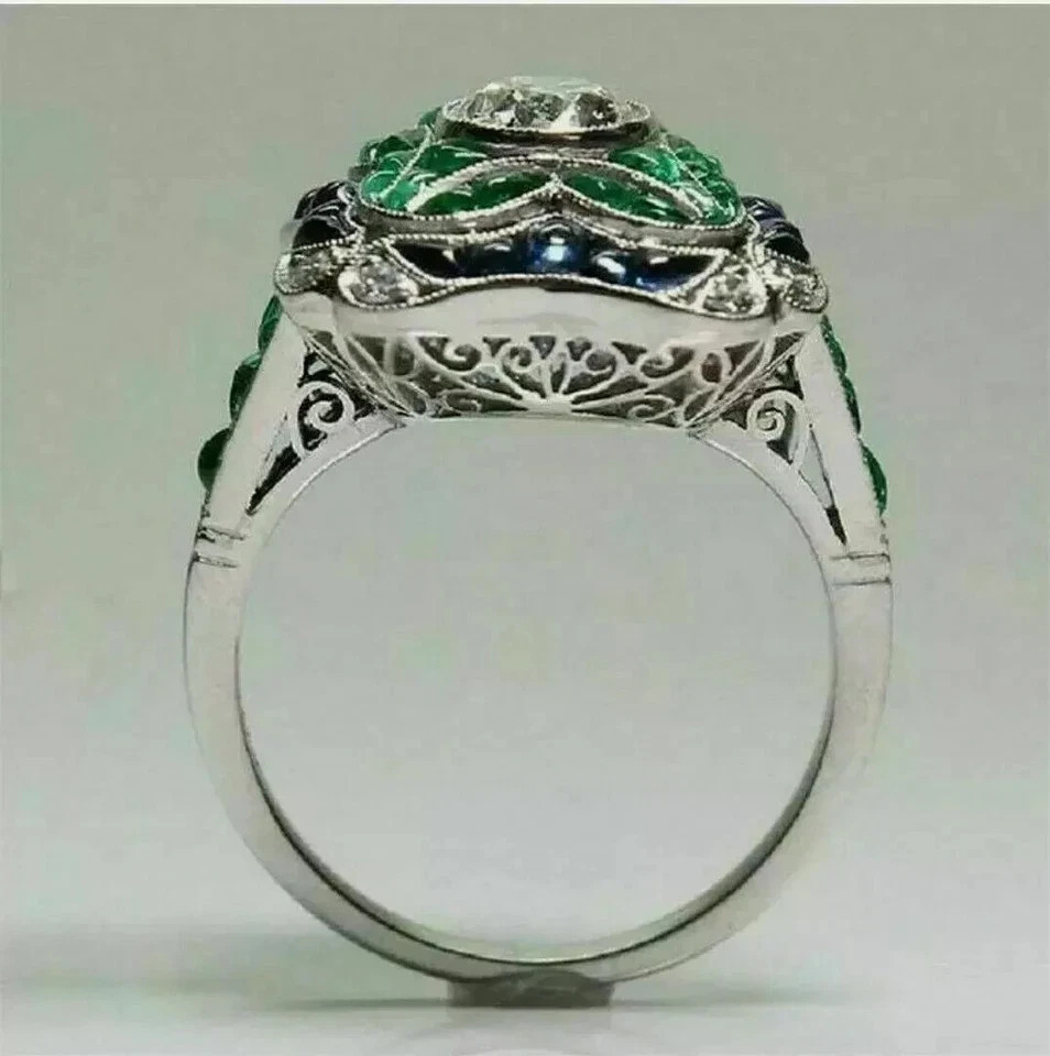 Art Deco Style Lab Created Diamond & Emerald Engagement 14k White Gold FN Ring