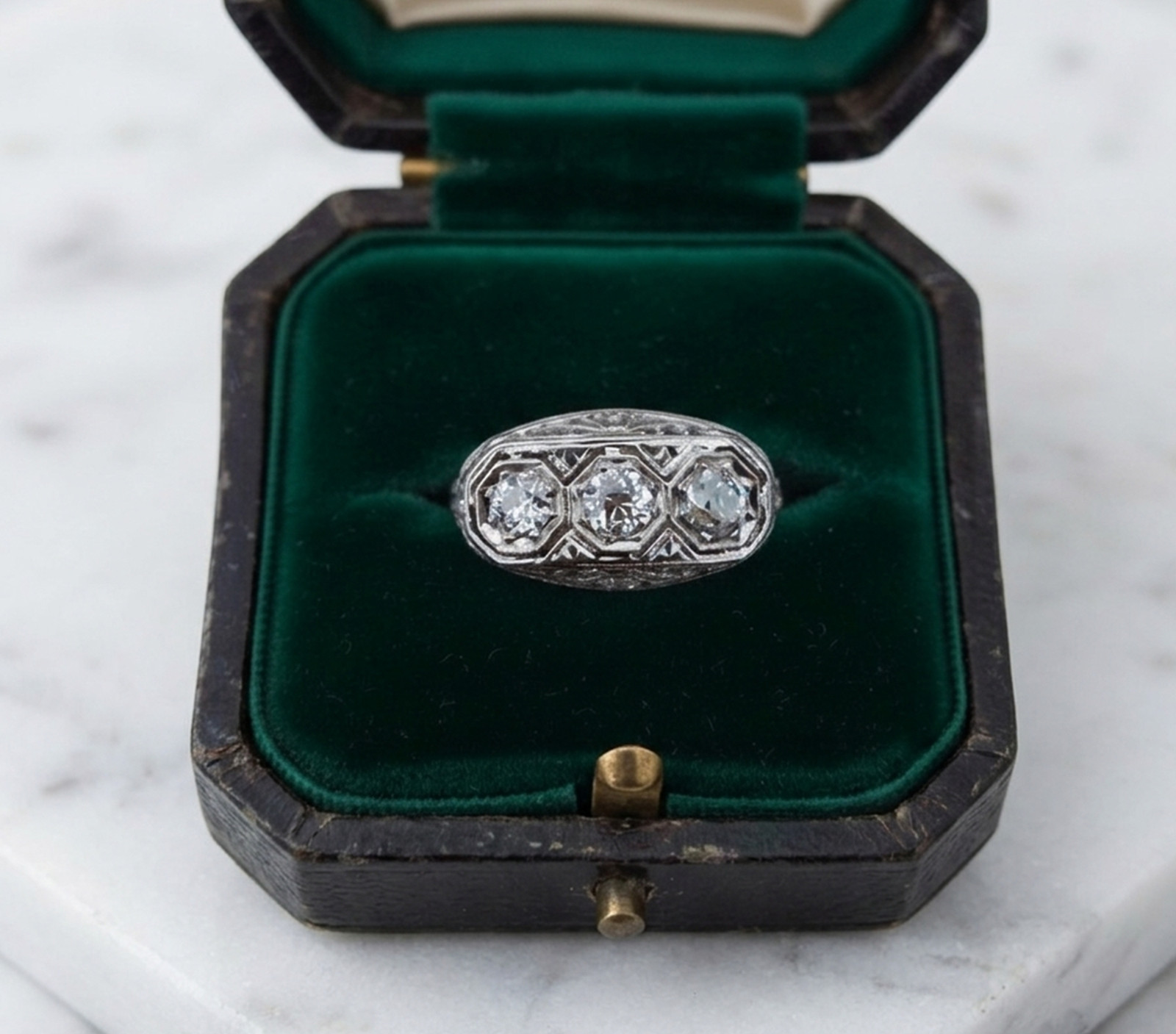 Old European Cut Simulated Diamond 14K White Gold Art Deco Filigree Trilogy Ring