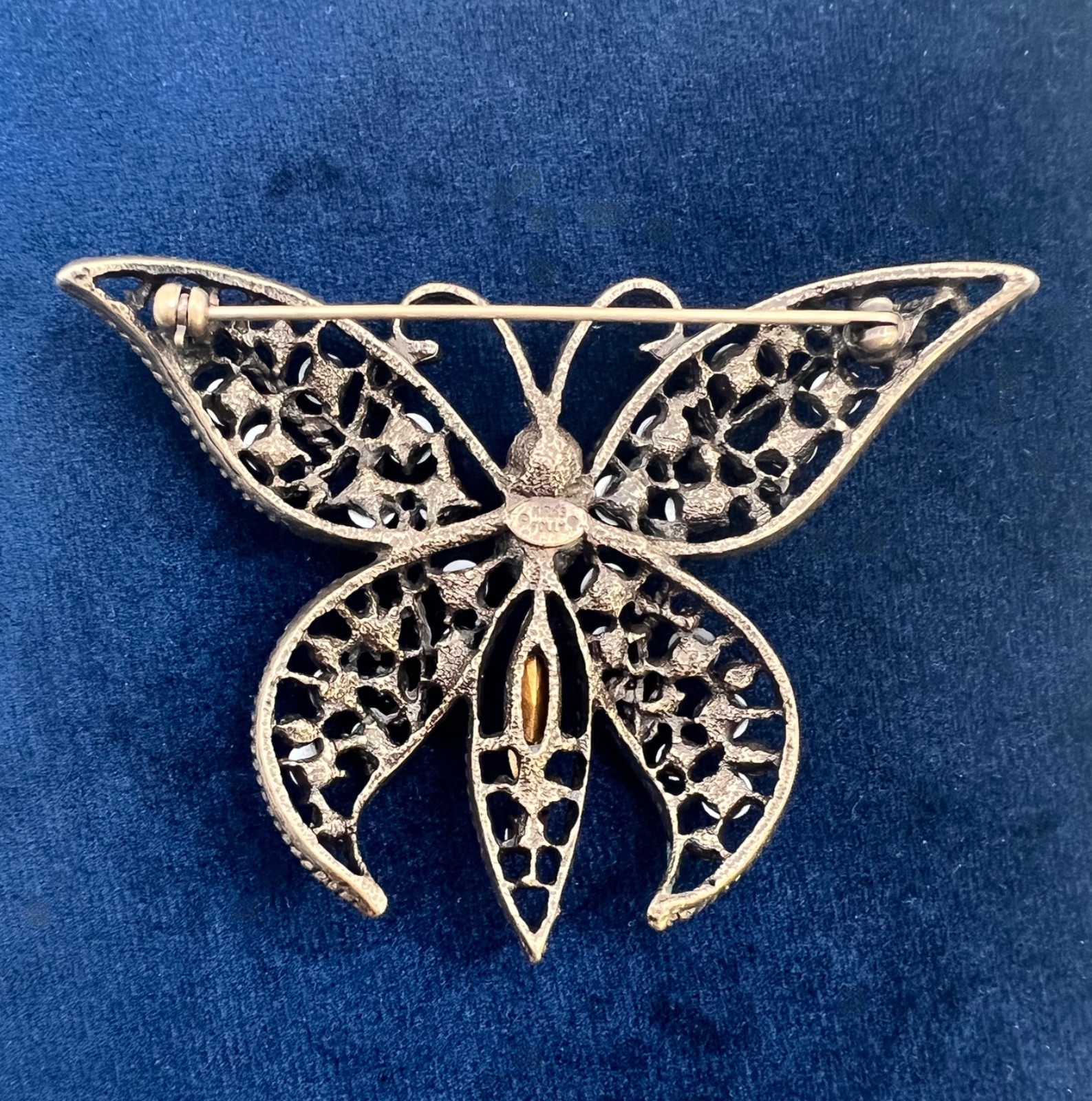 Vintage KIRKS FOLLY Butterfly Brooch Pin AB Rhinestones, Copper Ox, Signed