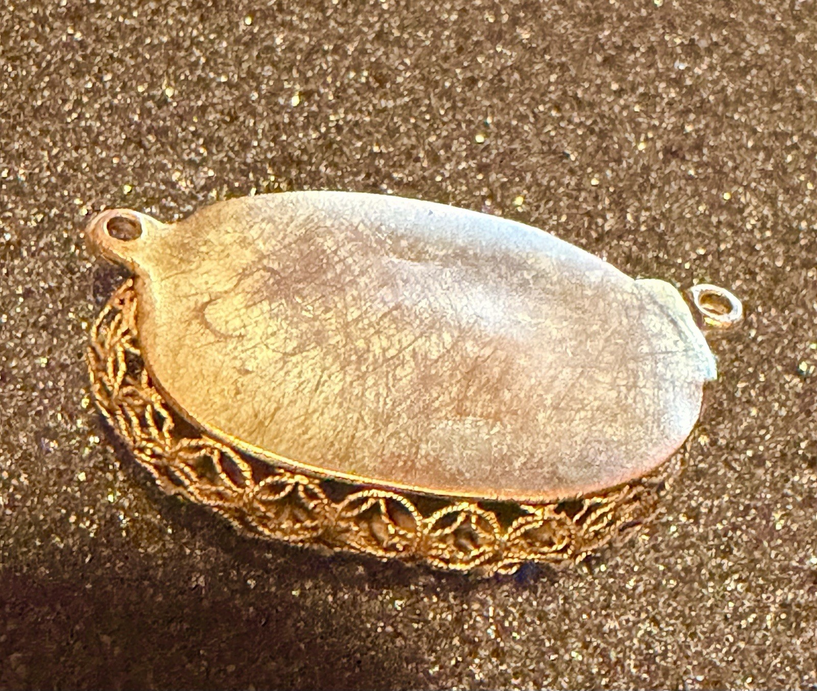 Vintage Mid- 20th Century Rose Pink Quartz Brass Tone Filigree