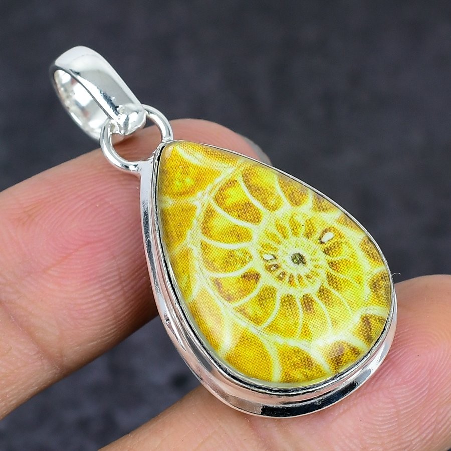 Ammonite Fossil Gemstone Handmade 925 Sterling Silver Jewelry Pendant 1.77″ o838