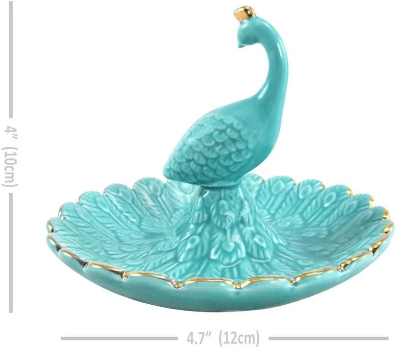Cute Animal Ceramic Jewelry Tray Ring Holder Trinket Dish Blue Peacock