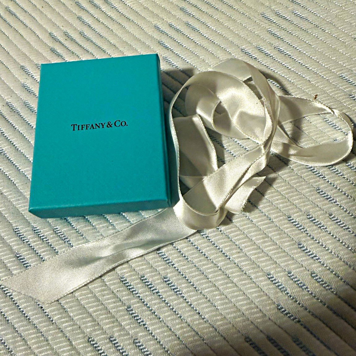 Tiffany & Co. Blue Square Jewelry Gift Box w/ White Ribbon & Jewelry Pouch