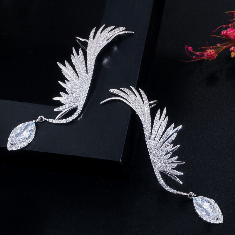 Women Silver Plated Cubic Zircon Dangle Drop Long Feather Wing Ear Cuff Earrings