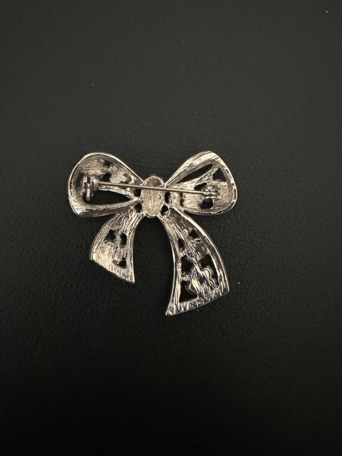 Rhodium Plated Pavé CZ Bow Brooch, Vintage-Style Rhinestone Pin.