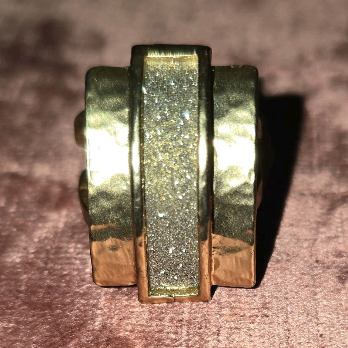Gold Tone Metal Cocktail Ring Curved Top with Silver Tone Glitter Center