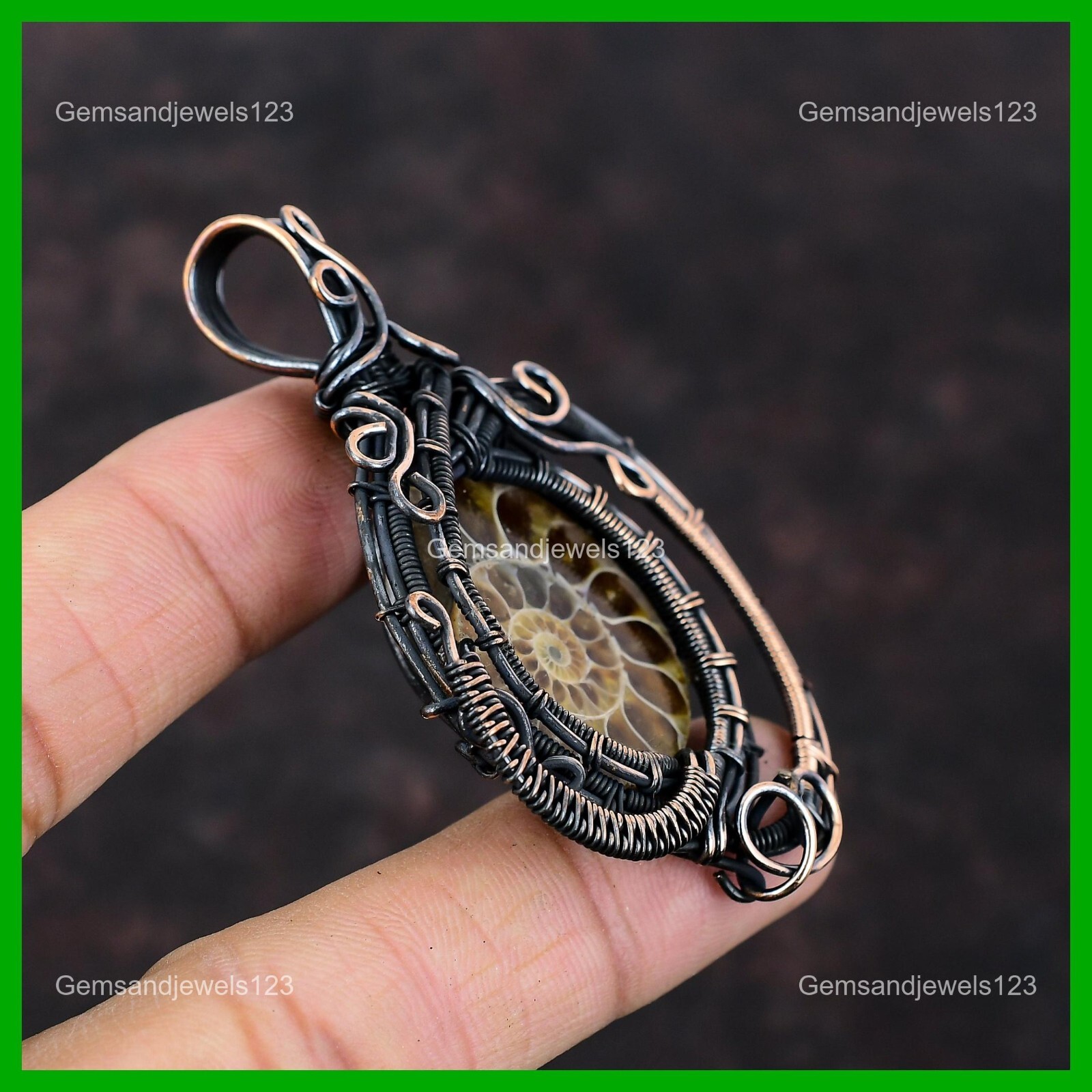 Copper Pear Ammonite Fossil Gemstone Daughter Boho Wire Wrapped Unique Pendant