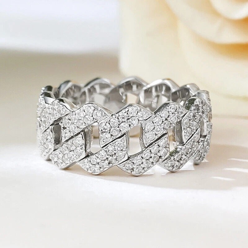 Iced MOISSANITE Prong Cuban Link Band Ring Real 925 Silver 8mm Wedding Hip Hop