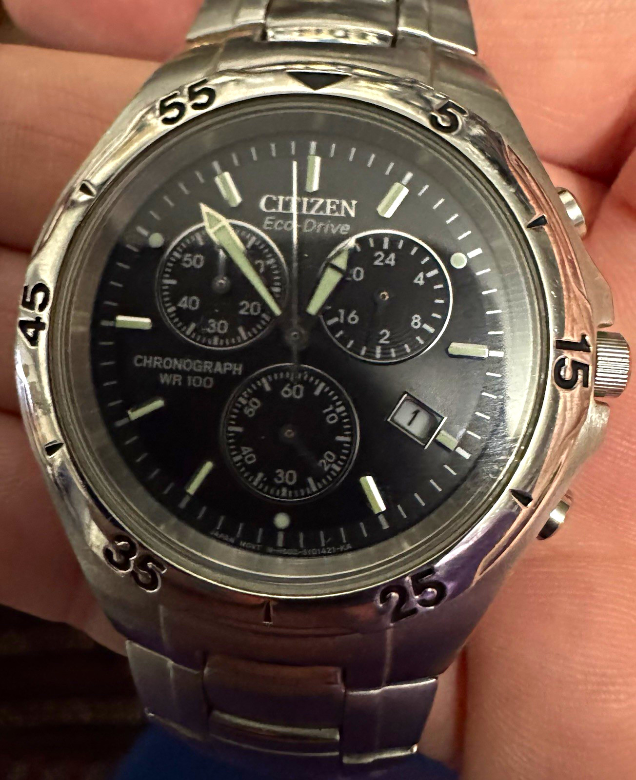 Citizen Eco-Drive Quartz Chronograph Date 100m Black Dial SS Bracelet