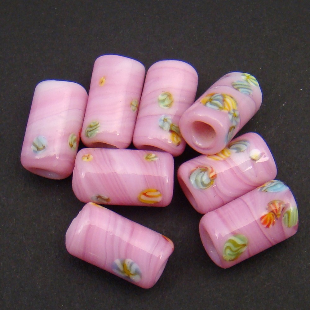 8 Vintage Japan lampwork large hole opaque pink glass murrine beads avg 14mm