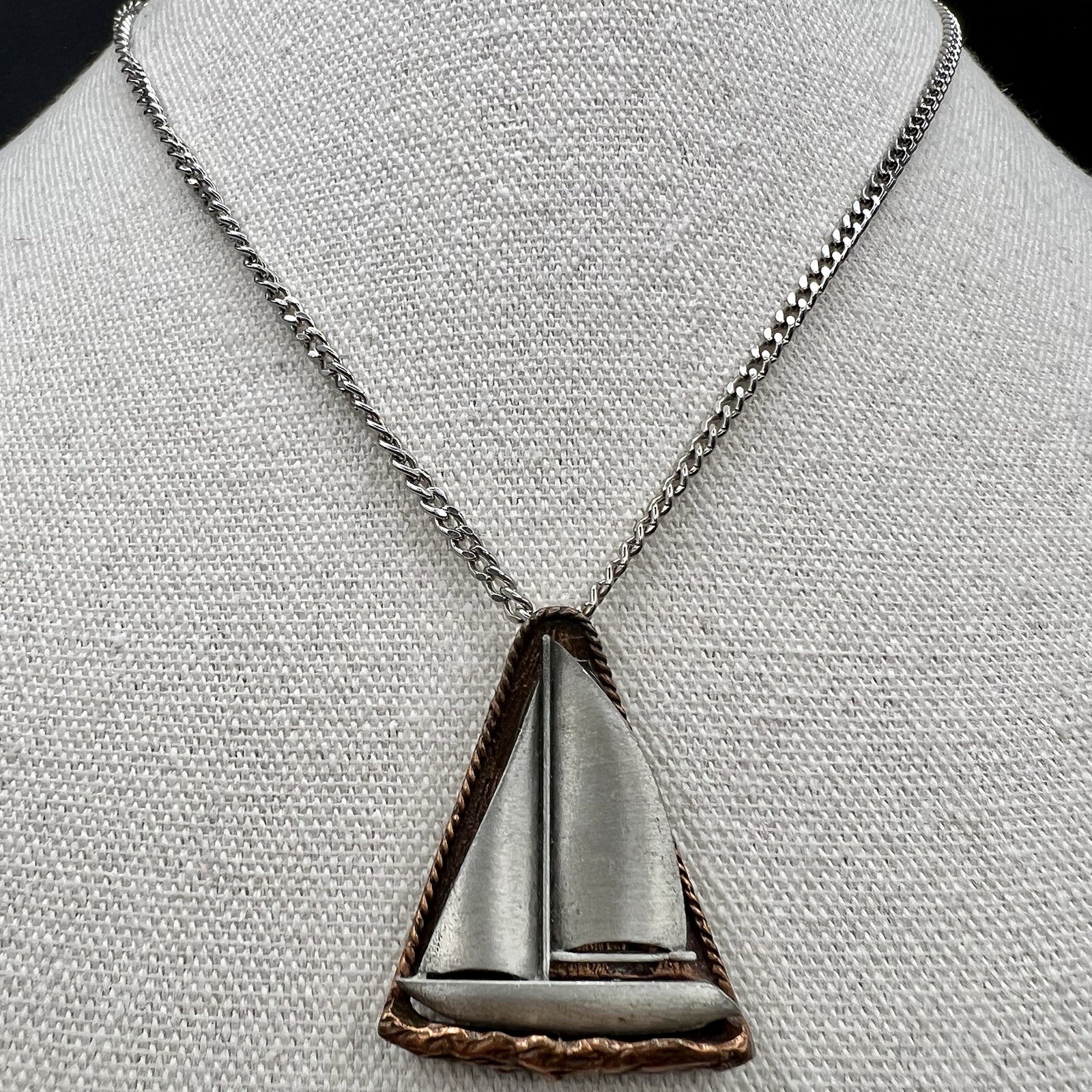 Vintage Sailboat Pendant Necklace Mixed Metal Nautical Maritime 16″