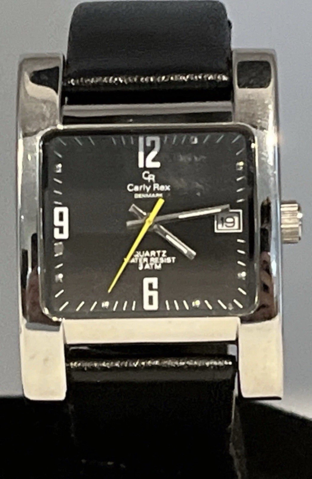 Carly Rex Quartz Square Watch Black Dial Date Silver Steel Black Leather 30m