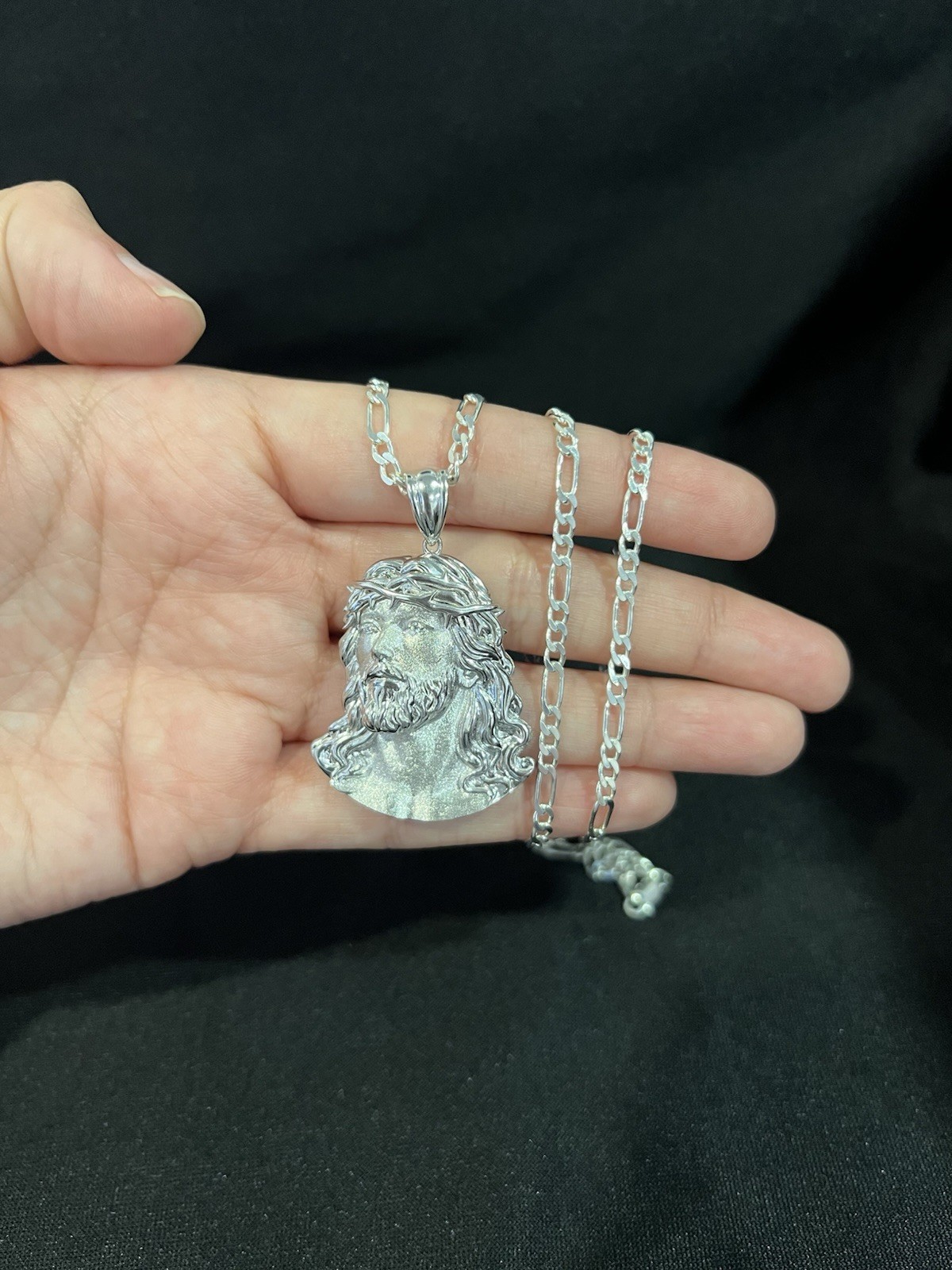 925 Sterling Silver Men Women God Jesus Face Head Pendant Figaro Chain 20 26 30