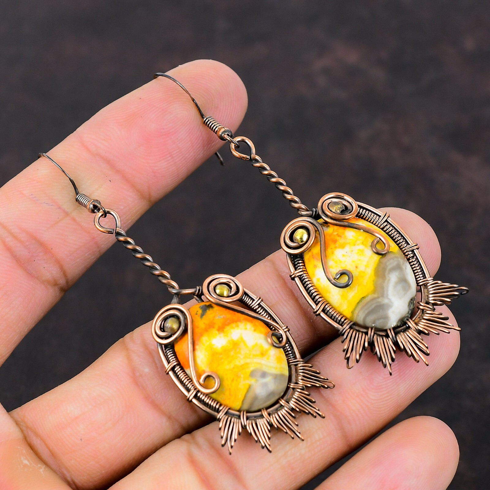 Bumble Bee Jasper Wire Wrapped Drop/Dangle Earrings Copper For Girls 3.07″