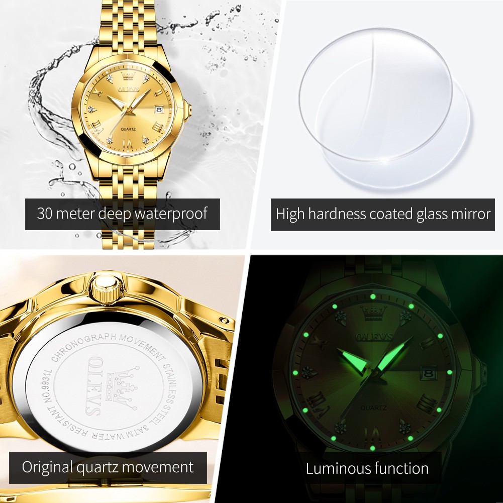 OLEVS Women Quartz Watch Stainless Steel Waterproof Wristwatch-Gold
