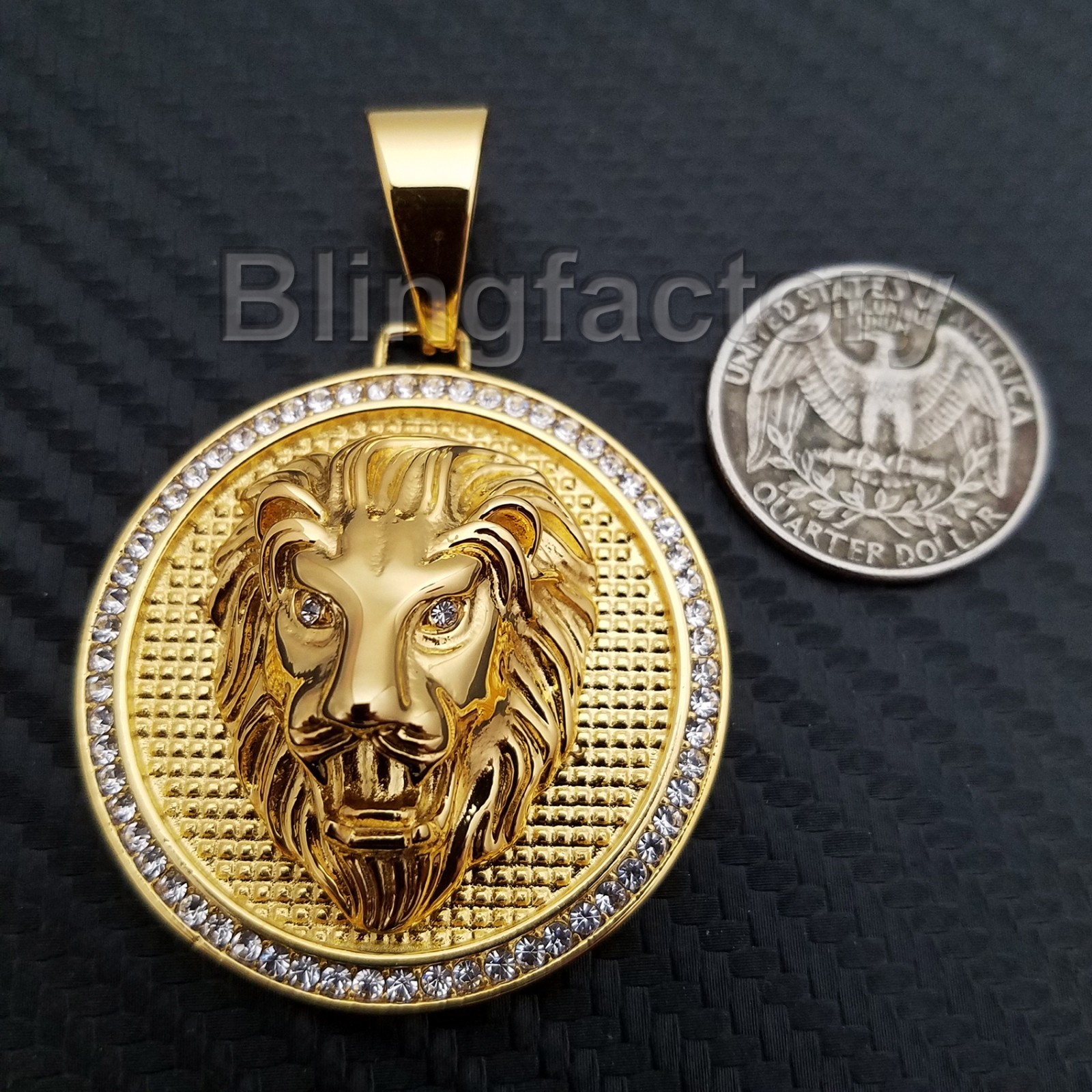 HIP HOP ICED STAINLESS STEEL CUBIC ZIRCONIA GOLD PLATED LION HEAD CHARM PENDANT