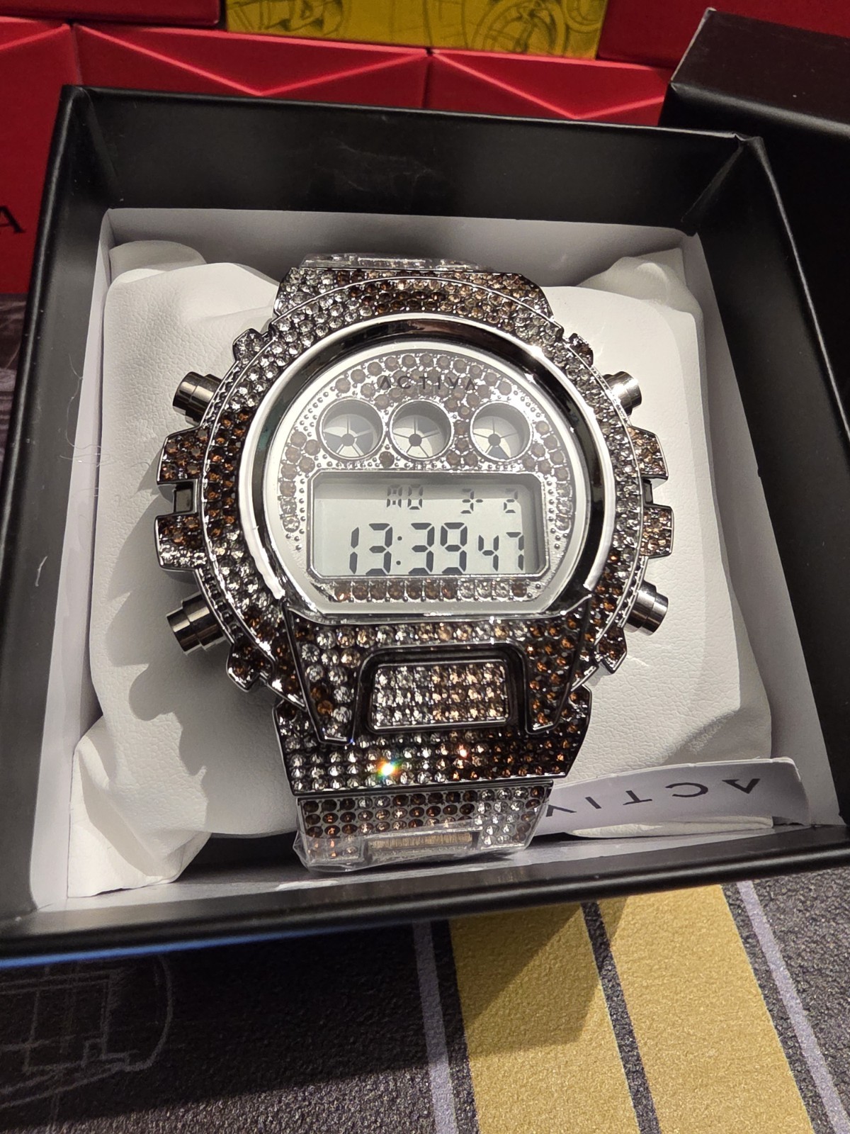 Activa X Invicta Digital Men’s Watch 51mm in Silver tone finish Brown Iced Out