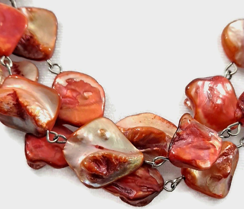 Iridescent Peach Mother of Pearl Shell 3-Strand Statement Necklace & Earring Set