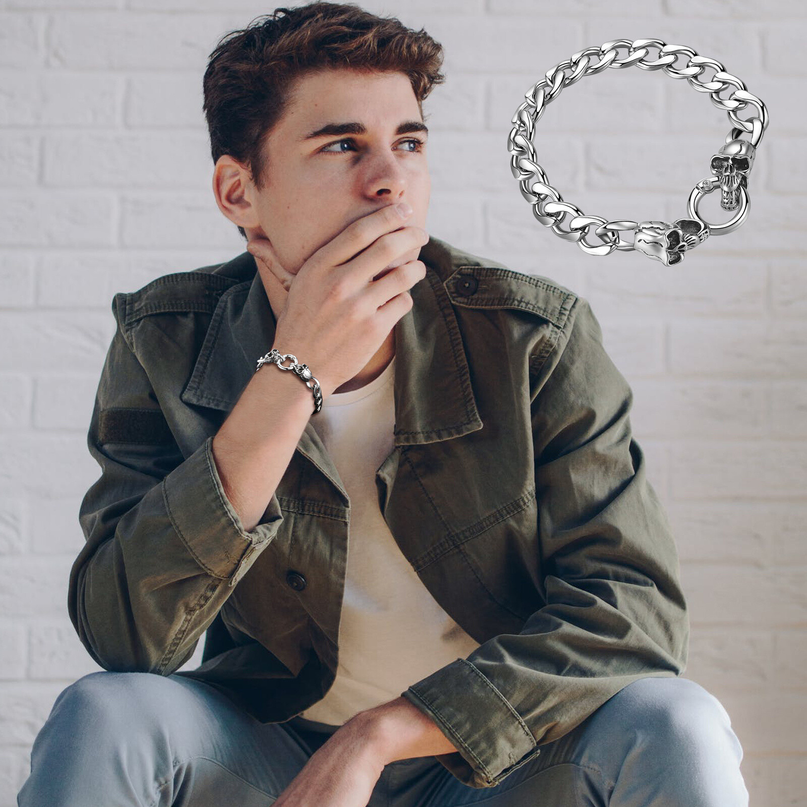 Mens Boys Biker Rock 12mm Skull Miami Cuban Link Chain Stainless Steel Bracelet