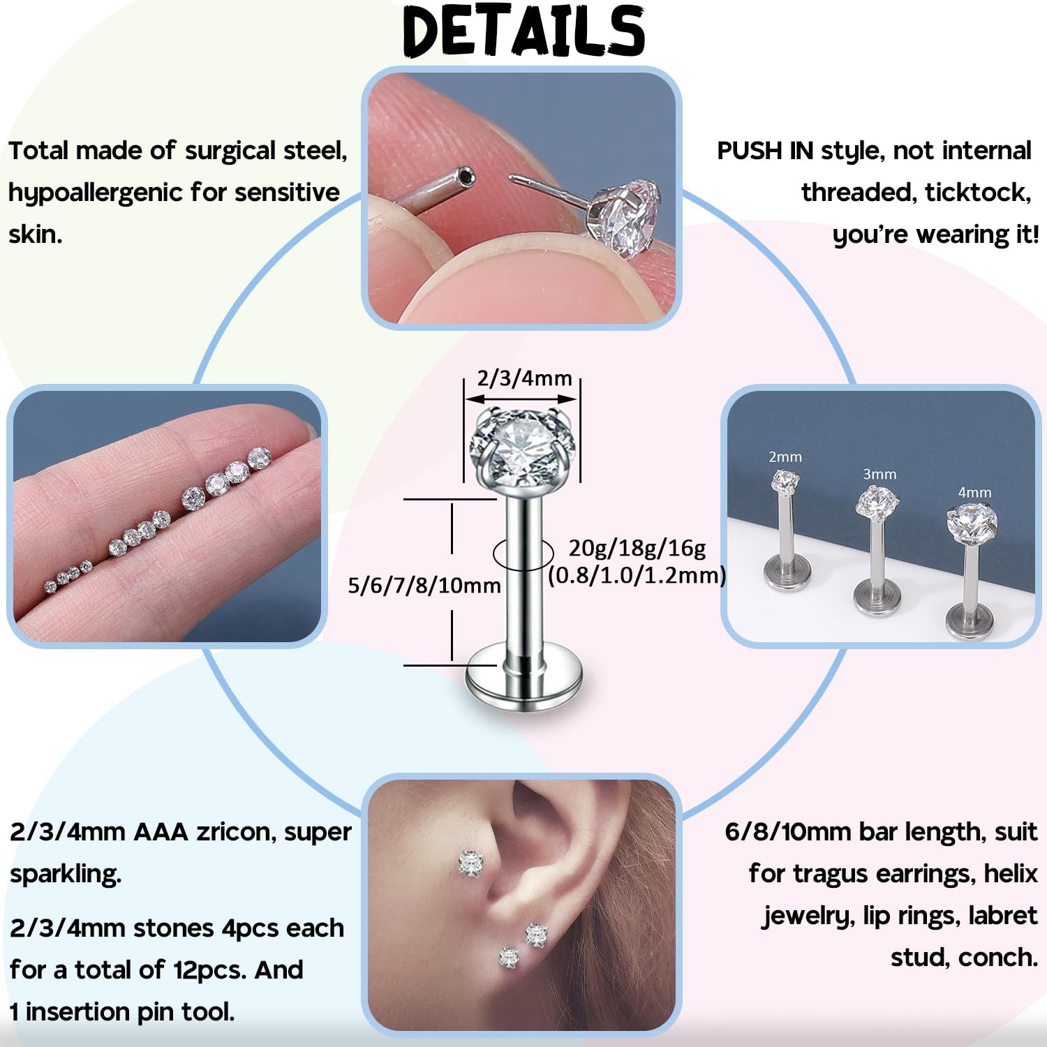 13Pcs 20G/18G/16G Flat Back Earrings Stud 316L Surgical Stainless Steel Threa…