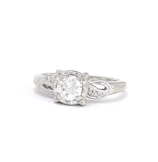 Palladium Round Natural Diamond Engagement Ring Illusion Set Vintage