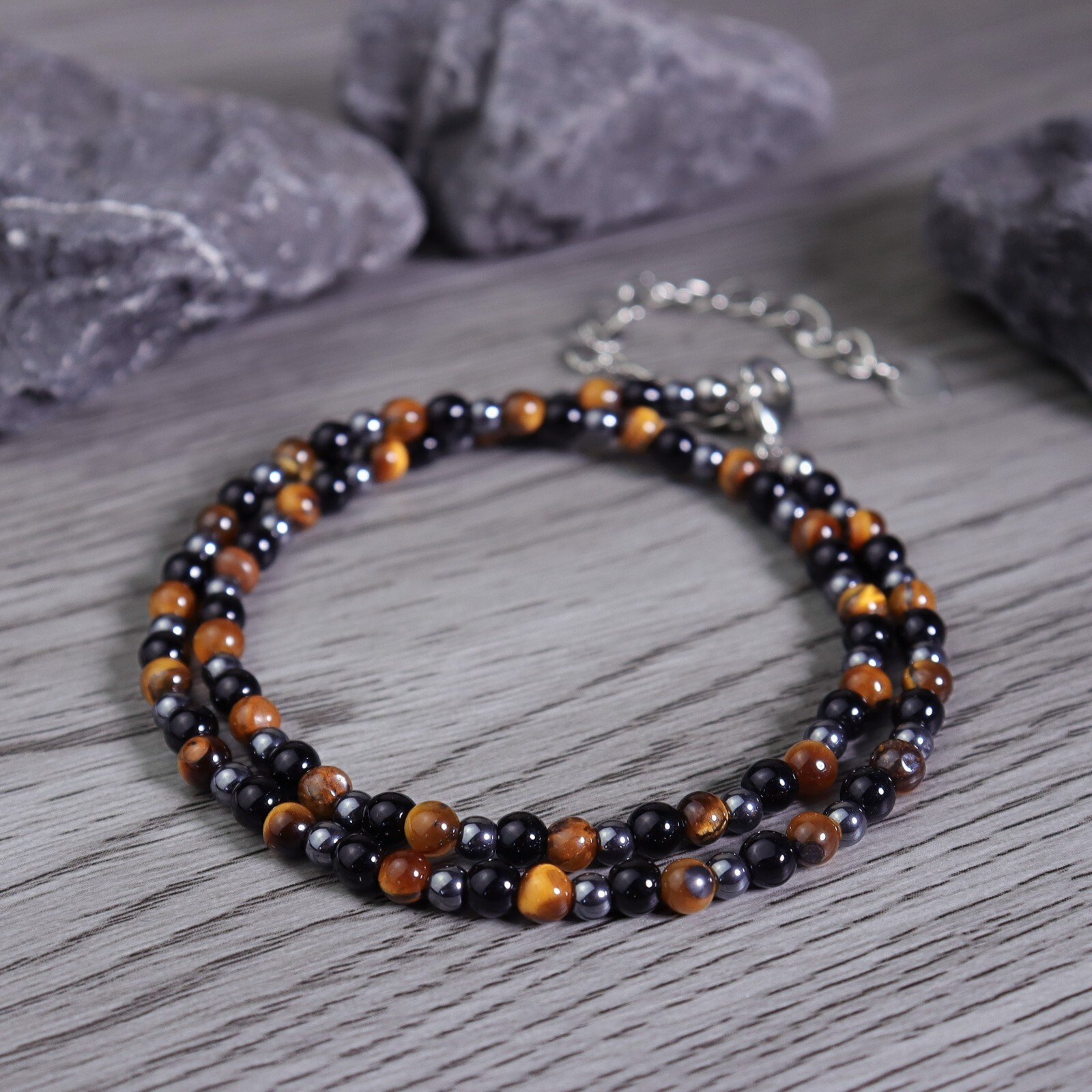 Triple Protection Tiger Eye Obsidian Hematite Beaded Women Men’s Choker Necklace