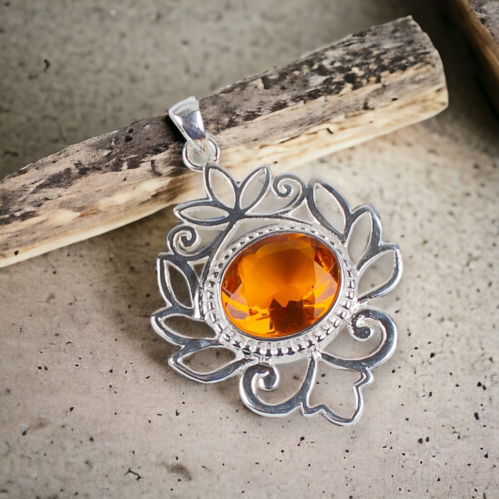 Natural Citrine Gemstone 925 Silver Jewelry Boho Pendant 1.48″ For Girlfriend