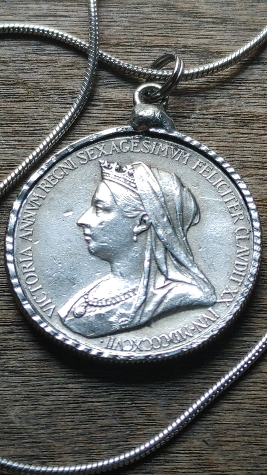 1837-1887 Queen Victoria English Silver Jubilee Pendant 28″ Sterling Snake Chain