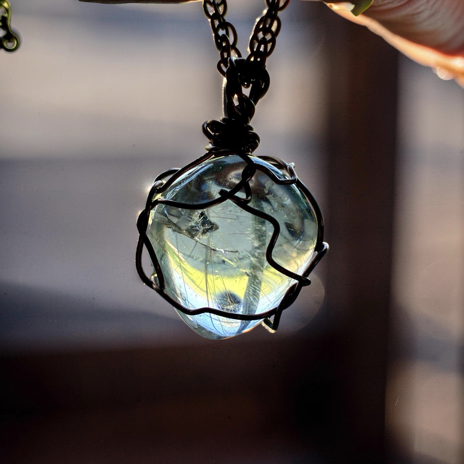 Brazilian Rutilated Clear Quartz Wire Wrapped Pendant 99% Pure Copper Free Chain