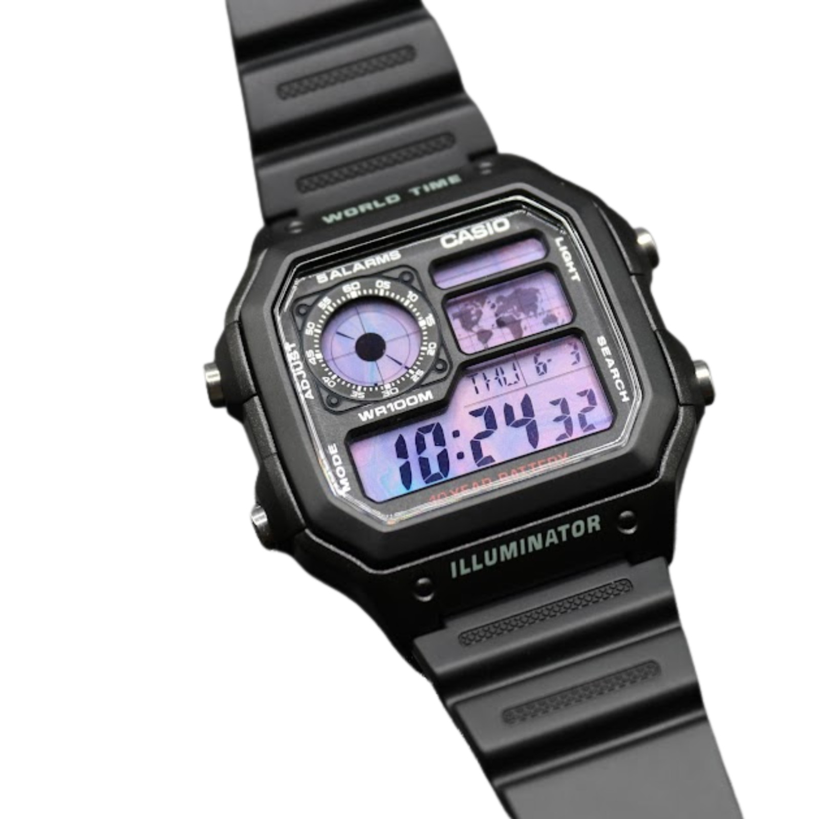 CASIO AE-1200WHD Royale World Time Watch Mod Purple Haze Display