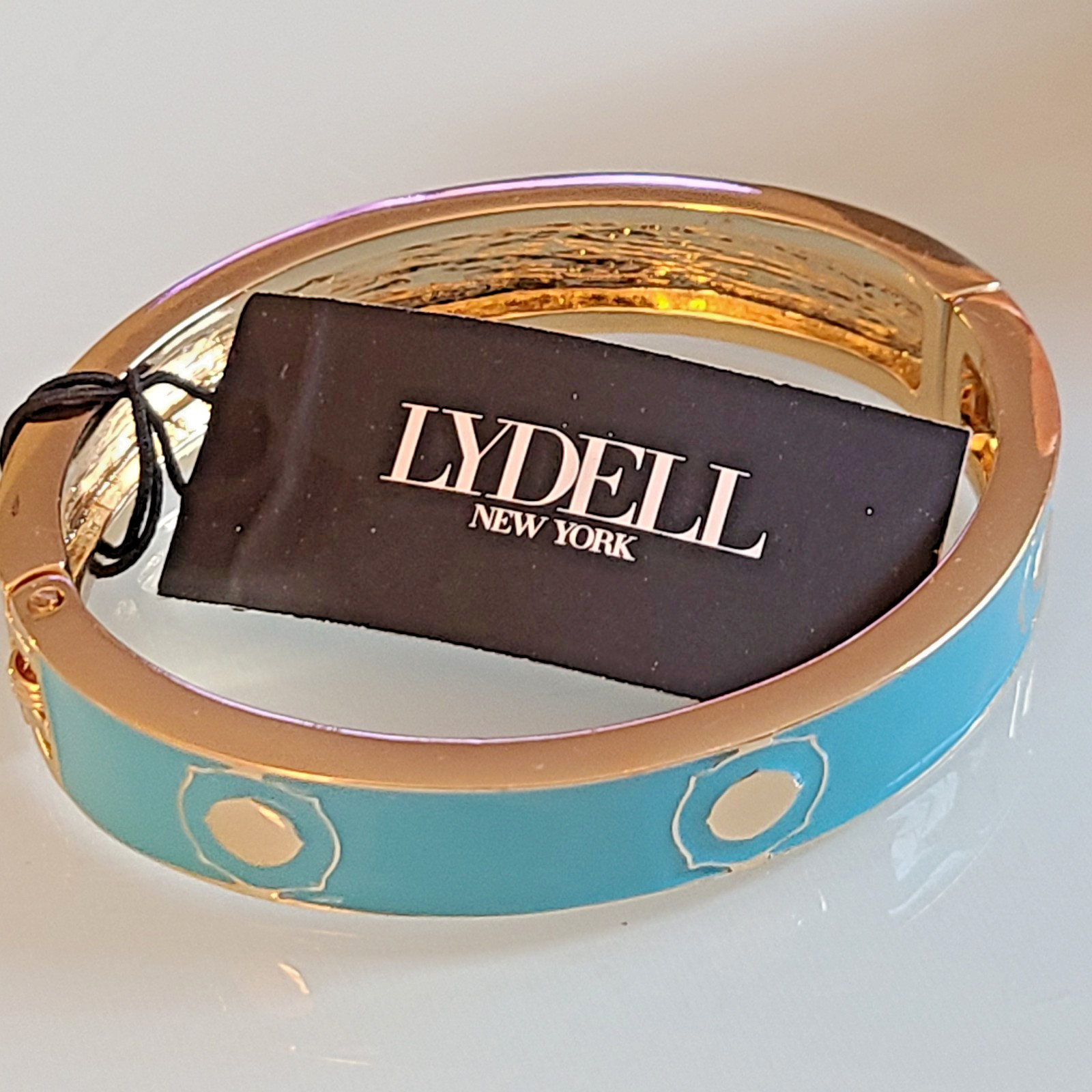 Lydell NYC Blue Enamel Hinged Bangle Bracelet Gold Tone Geometric Circle Stud
