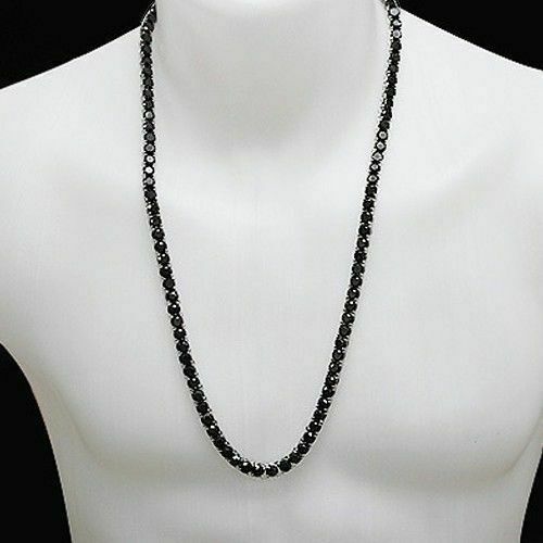 Unisex Black Diamond Tennis Necklace 18″ Inches In 925 Sterling Silver Certified