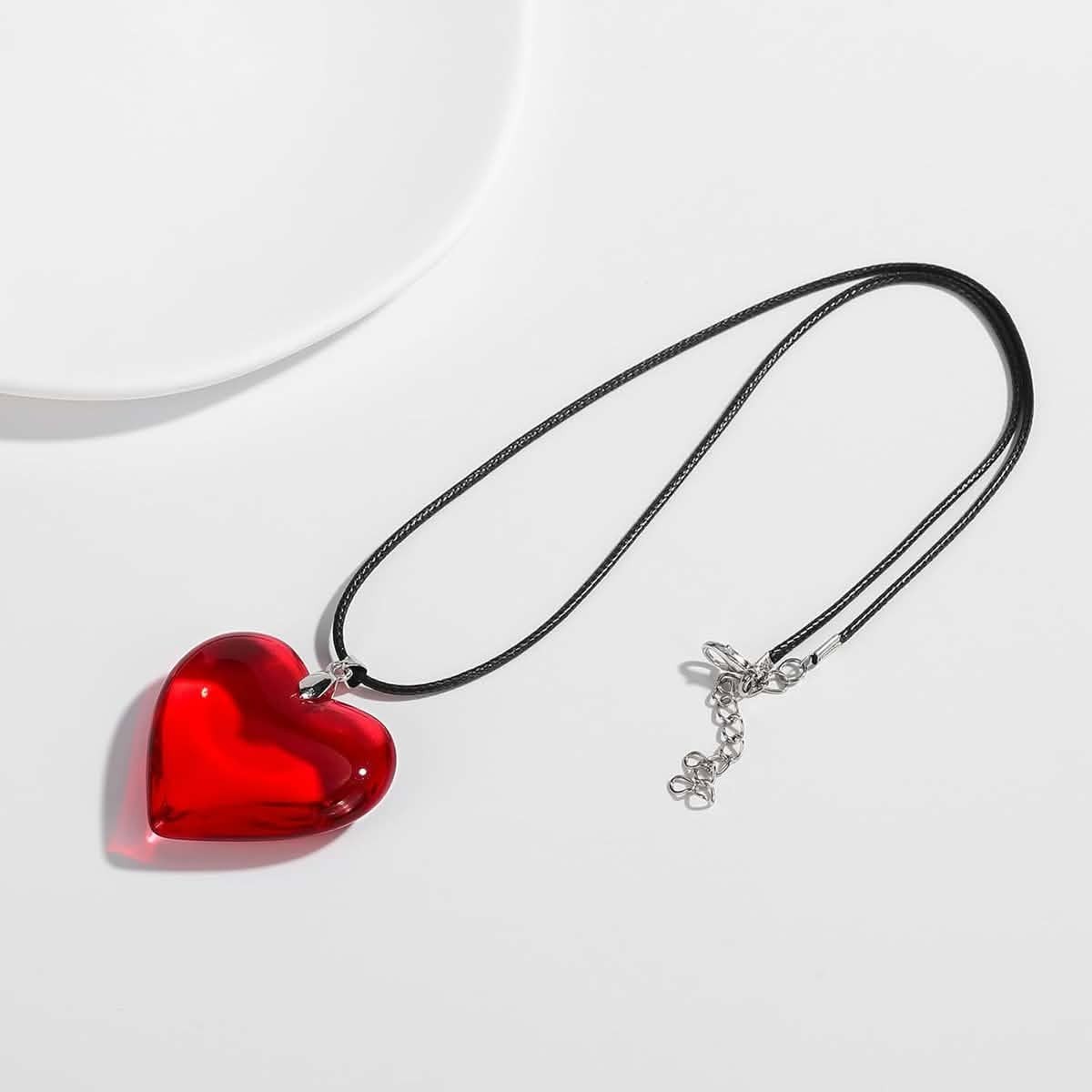 Red Glass Heart Pendant Necklace Black Cord Chain Adjustable Lobster Closure