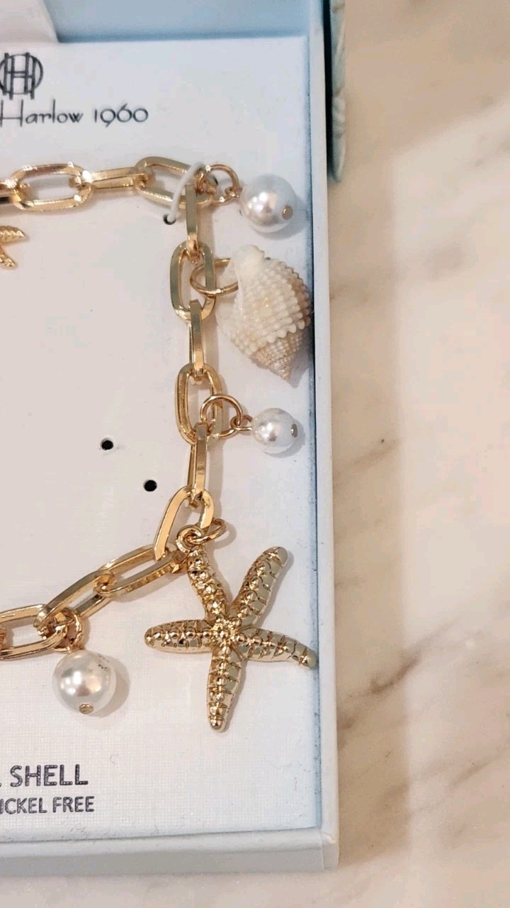 House of Harlow 1960 Gold Link Seashell Starfish Pearl Bracelet