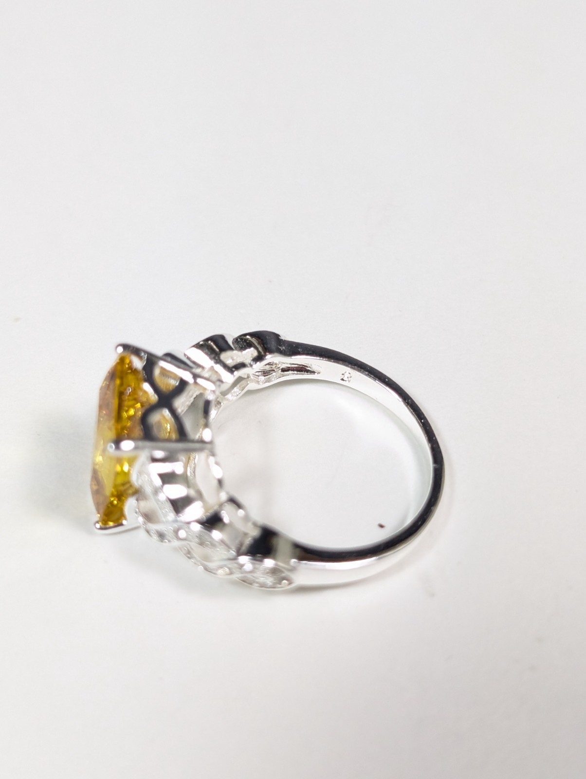 Faux Citrine Colored Gemstone Ring Silver Tone Rhinestone Size 8 Emerald Cut